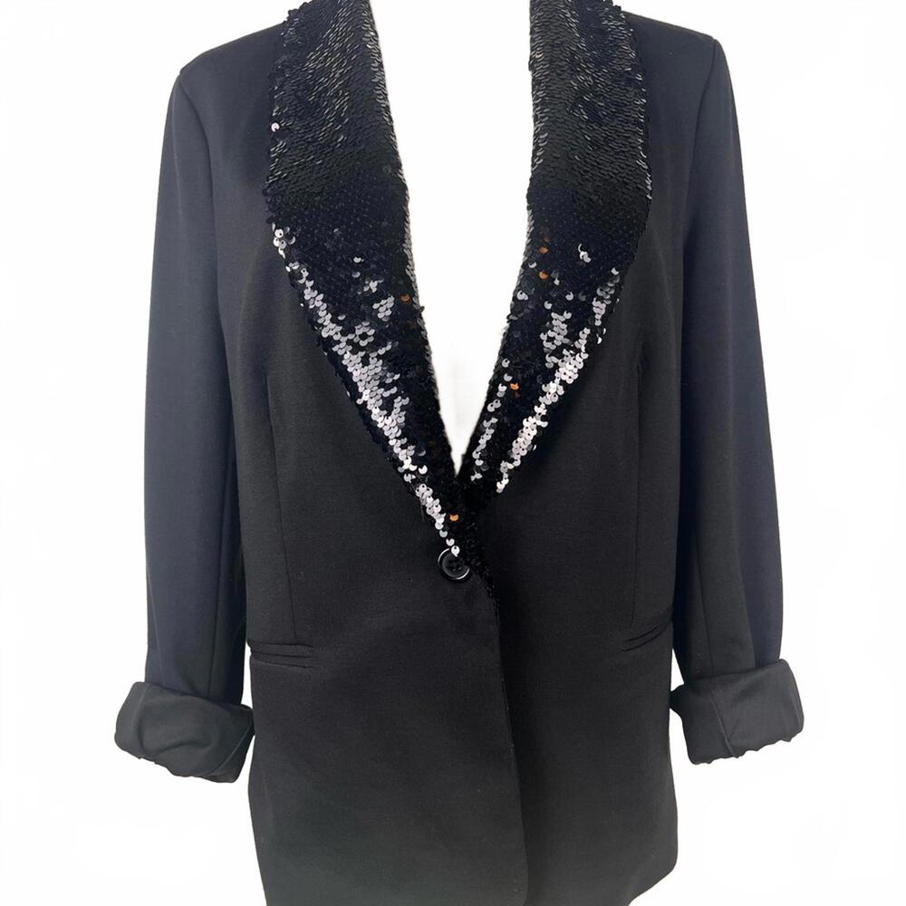ADRIANNA PAPELL✨BLACK SEQUIN LAPEL BLAZER – Elevate Every Look Instantly! ✨